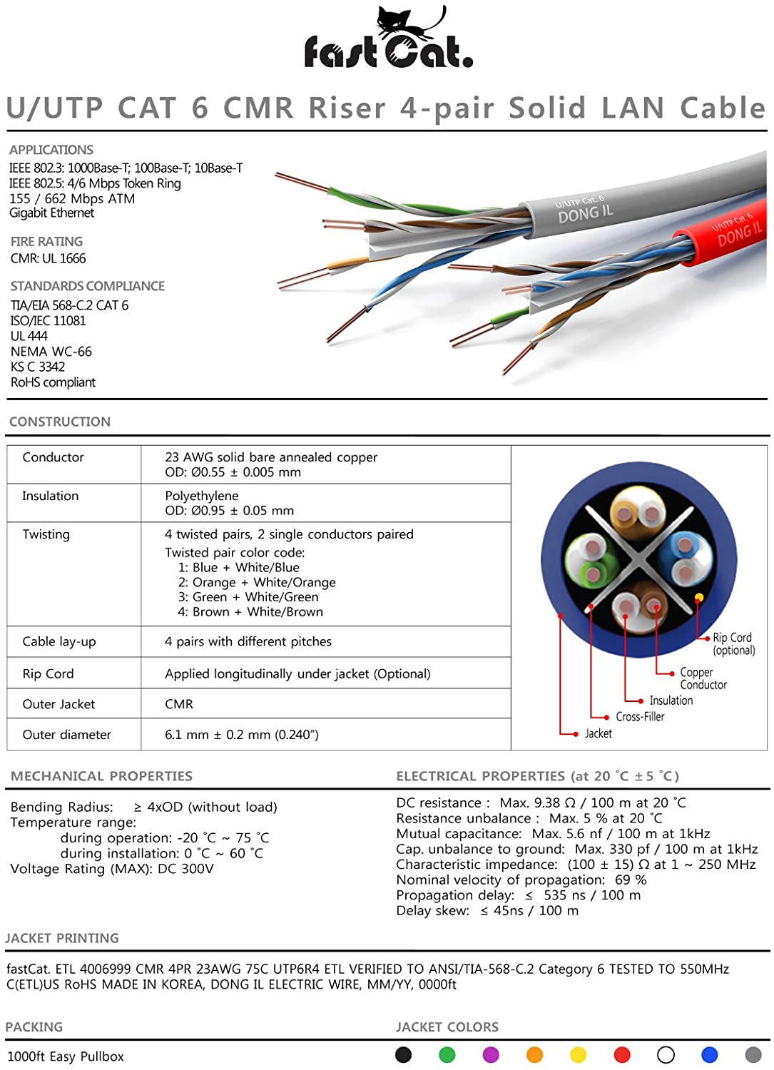 Cat6 Gray Pure Copper Ethernet Cable 1000Ft - 23 AWG, CMR, Insulated Solid Bare Copper Wire Internet Cable with Noise Reducing Cross Separator - 550MHZ / 10 Gigabit Speed UTP LAN Cable